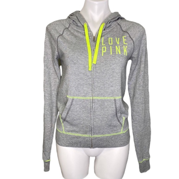 PINK Victoria's Secret Tops - Victoria's Secret Pink Gray & Bright Green Hoodie